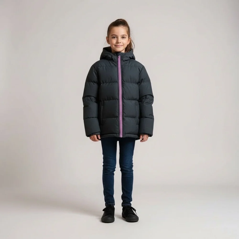 Kids' Black Puffer Jacket with Purple Accent